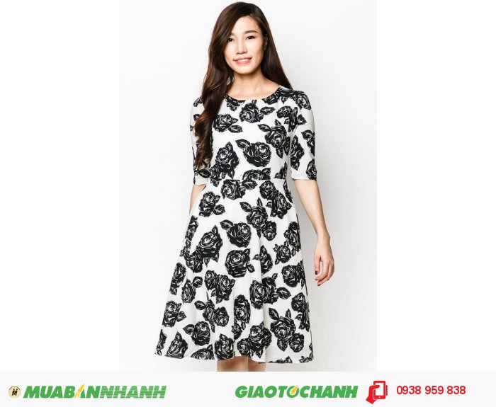 Đầm Cổ Tr&ograve;n Tay Lỡ- Hoa văn b&ocirc;ng- AD228, 1