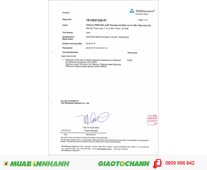 Diệt muỗi trong nhà Sơn màu đuổi muỗi Antimos | Quy cách: 1000ml | Giá: 250.000đ | Mô tả: Sơn Antimos đã được Tập đoàn TUV Rheinland tại Việt Nam kiểm nghiệm, chứng nhận chất lượng sản phẩm đảm bảo, An toàn với người, vật nuôi & Môi trường. Được thành lập vào năm 1872, đặt trụ sở tại Cologne - Đức, Tập đoàn sử dụng 17,950 người tại 500 địa điểm tại 65 quốc gia. Là một nhà cung cấp hàng đầu các dịch vụ kỹ thuật, thẩm định giải pháp tối ưu để đảm bảo về an toàn, chất lượng để đáp ứng những thách thức phát sinh từ sự tương tác giữa con người, công nghệ và môi trường theo chuẩn trên toàn thế giới., 3