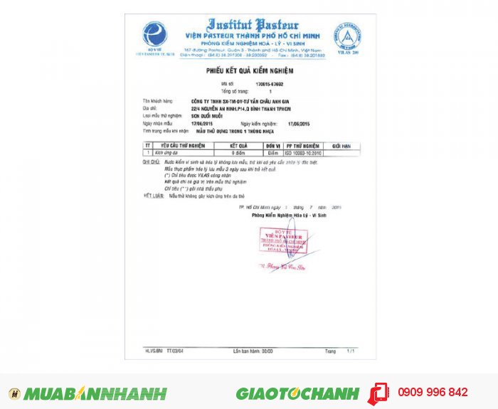 Sơn m&agrave;u đuổi muỗi Antimos | Quy c&aacute;ch: 1000ml | Gi&aacute;: 250.000đ | M&ocirc; tả: Sơn Antimos đ&atilde; được chứng nhận bởi Viện kiểm nghiệm Pasteur về mức độ an to&agrave;n v&agrave; tầm ảnh hưởng đối với Sức khỏe cộng đồng. Sơn Antimos đ&atilde; được Tập đo&agrave;n TUV Rheinland tại Việt Nam thử nghiệm, chứng nhận đảm bảo chất lượng sản phẩm, An to&agrave;n với Người, Vật nu&ocirc;i & M&ocirc;i trường., 2