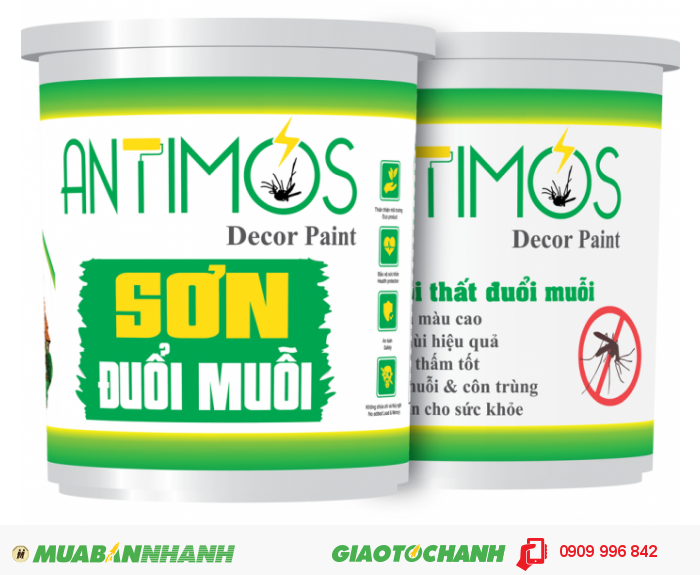 Sơn màu đuổi muỗi Antimos | Quy cách: 1000ml | Giá: 250.000đ | Mô tả: Sơn đuổi muỗi Antimos là sự kết tinh hài hòa giữa tinh dầu cây cỏ thiên nhiên, hoạt chất đuổi muỗi và nhựa Acrylic Elmusion tạo thành sản phẩm sơn đuổi muỗi vô cùng hiệu quả và an toàn. Ngoài khả năng đuổi muỗi, sơn còn có tác dụng chống kiến ba khoang gây hại cho gia đình bạn, 2