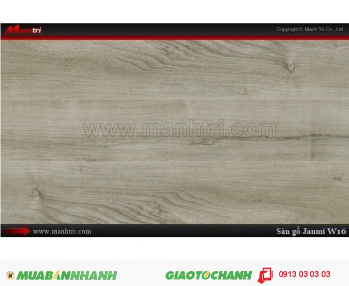 Sàn gỗ công nghiệp Janmi W16; Qui cách: 1283 x 193 x 8mm; Xuất xứ: Malaysia chính hãng - Chống trầy: AC4/AC3; Ứng dụng: Thi công lắp đặt làm sàn gỗ nội thất trong nhà, phòng khách, phòng ngủ, phòng ăn, showroom.Giá: 309.000VND, 4