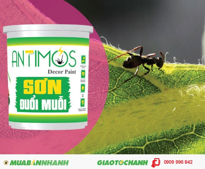 Sơn màu đuổi kiến Antimos | Quy cách: 1000ml | Giá: 250.000đ | Mô tả: Antimos có mùi tinh dầu rất dễ chịu, an toàn với con người và vật nuôi. Đặc biệt, được sử dụng ngay cả những nơi dự trữ thức ăn, các công ty chế biến thực phẩm, trang trại chăn nuôi gia súc . . . Các hoạt chất đuổi muỗi được làm từ thảo dược thiên nhiên đuổi kiến hiệu quả (tinh dầu sả, bạc hà, oải hương) nên không thể gây hại cho sức khỏe của bạn., 4