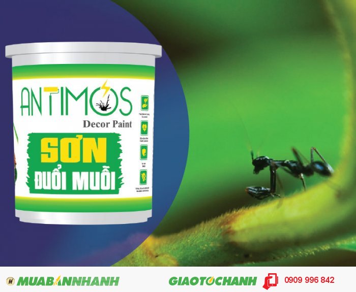 Sơn màu đuổi kiến Antimos | Quy cách: 1000ml | Giá: 250.000đ | Mô tả: Antimos là một dòng sơn mới, mang tính cách mạng nhờ vào khả năng có thể ngăn được muỗi và các loại côn trùng khác. Bằng việc sử dụng những viên nang Polymer siêu nhỏ sẽ giúp pha trộn dễ dàng các hợp chất đuổi kiến vào trong sơn và để chúng phản ứng chậm trong suốt quá trình sử dụng, 1