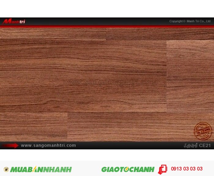 Sàn Gỗ Công Nghiệp Janmi CE21, dày 8mm, chống trầy, siêu chịu nước tốt; Qui cách: 1283 x 193 x 8mm; Xuất xứ: Malaysia chính hãng - Chống trầy: AC3/AC4; Ứng dụng: Thi công lắp đặt làm sàn gỗ nội thất trong nhà, phòng khách, phòng ngủ, phòng ăn, showroom, trung tâm thương mại, shopping, sàn thi đấu. Giá bán: 309.000VND, 5