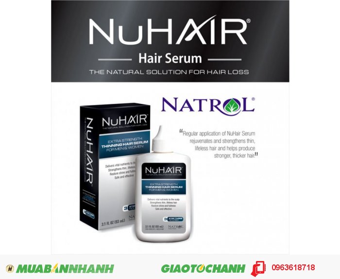 Serum mọc tóc từ thiên nhiên NuHair Thinning Hair | Thành phần: Fo-Ti, Rosemary (hương thảo), Polygonum multiflorum, Tocopheryl Acetate, Panthenol, Chamomile & Sage (hoa cúc và xô thơm), vitamin A & E, Grape Seed Extract...| Công dụng: bổ sung các chất dinh dưỡng tự nhiên giúp giảm rụng tóc và thúc đẩy tăng trưởng giúp mọc tóc nhanh chóng. Giá bán: 1,500,000đ, 5