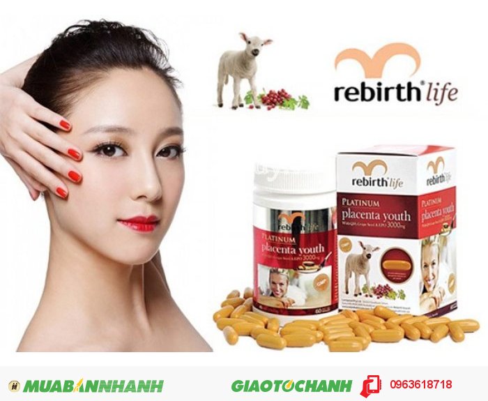 Nhau thai cừu Rebirth Úc | Thành phần hoạt tính chính của nhau thai cừu Platinum Placenta: Co Enzyme Q10 : Có tác dụng làm chậm sự lão hóa cơ thể làm trẻ hóa làn da, cải thiện khả năng làm việc và kéo dài tuổi thọ; Grape Seed Oil : Dầu hạt nho có chất chống oxy hoá, tốt cho những người bị bệnh tim mạch; Evening Primerose Oil: Dầu cây anh thảo có tác dụng trẻ hóa và giữ ẩm cho làn da rất tốt; Lecithin : Giảm cholesterol và ngăn chặn các bệnh về tim mạch, xơ vữa động mạch, cải thiện hệ thần kinh. Giá bán: 1,150,000đ, 5