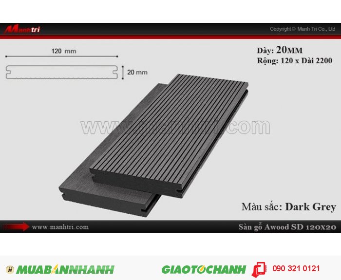 Tên sản phẩm: Sàn gỗ ngoài trời Awood SD120x20_Dark Grey | 

Giá bán: 129,000 VNĐ/M | 

Giá vật tư: 1,320,000 VNĐ/M22