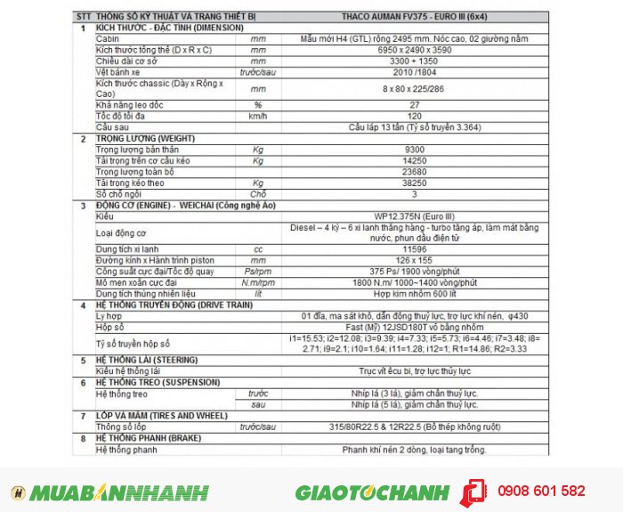 Xe đầu kéo thế hệ mới Thaco Auman FV375 (6x4) - Giá ưu đãi !