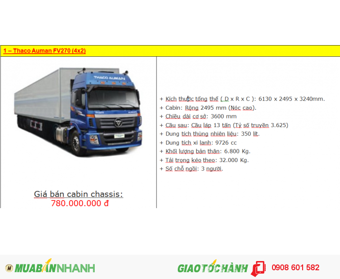 Xe đầu kéo Thaco Auman FV270, FV340, FV375, FV380 - Tiêu chuẩn Châu Âu (Mới)