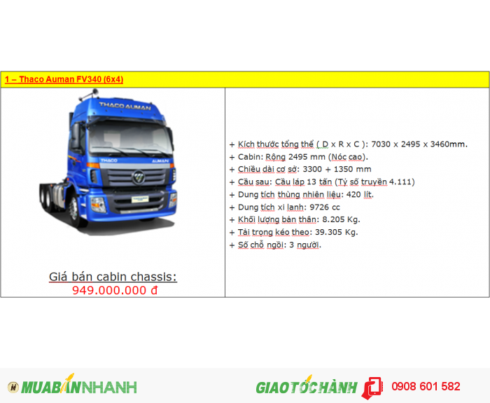 Xe đầu kéo Thaco Auman FV270, FV340, FV375, FV380 - Tiêu chuẩn Châu Âu (Mới)