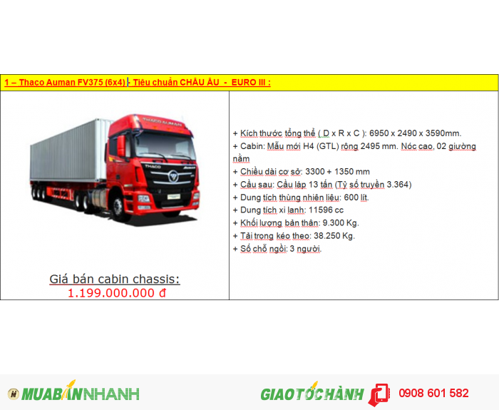 Xe đầu kéo Thaco Auman FV270, FV340, FV375, FV380 - Tiêu chuẩn Châu Âu (Mới)