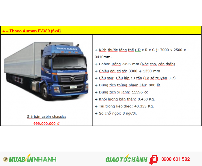 Xe đầu kéo Thaco Auman FV270, FV340, FV375, FV380 - Tiêu chuẩn Châu Âu (Mới)