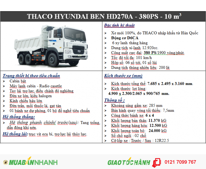 Xe Ben HYUNDAI HD270 nhập khẩu 12,5 tấn, thùng 10 m3 xe ben 3 chân HYUNDAI