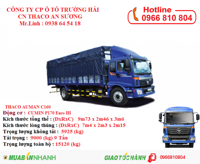 Xe Tải FOTON AUMAN C160 (2 Chân) - 9 Tấn /THACO AUMAN