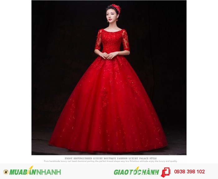 Váy cưới màu đỏ trễ vai kết ngọc trai pha lê  VC36  NiNiStore