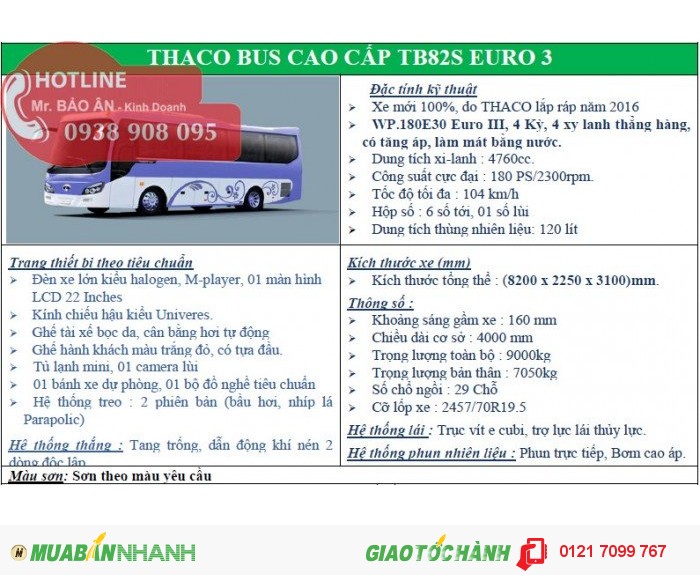 Giá xe khách THACO TOWN TB82S 29 chỗ bầu hơi thân dài 8,2m
