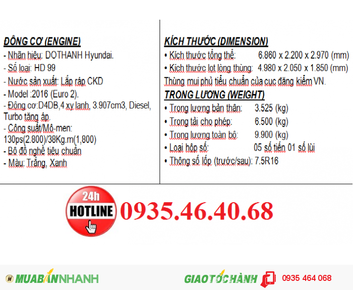 Xe tải Hyundai HD99 6,5T mới 100%