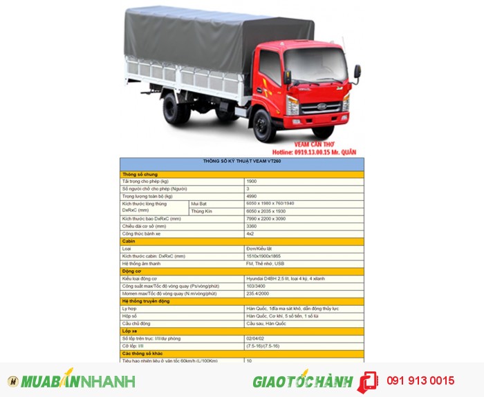 Xe tải Veam 1t9 thùng dài 6m2 - veam vt260