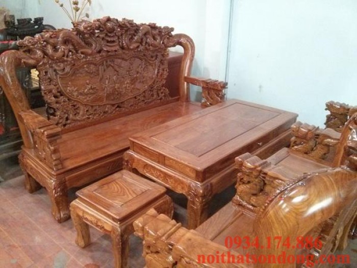 Bộ bàn ghế gỗ hương Cửu Long chạm cả tay 6 món tay 12-BBG63 Mới ...