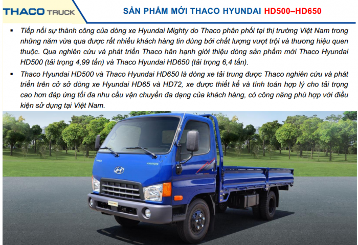 Bán xe Thaco Hyundai HD500, HD650. Dòng xe tải trung bền bỉ với thời gian, uy tín về chất lượng, giá cả hợp lý.