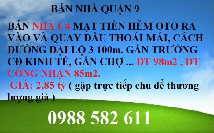 Bán nhà c4 phuoc long A, quận 9.dt 98m2,dt công nhận 85m2,mt hẻm oto ra vào quay đầu thoải mái cách đại lộ 3 100m, 2,85 tỷ