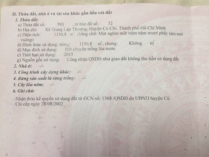 Cần bán lô đất chính chủ,xã trung lập thượng,huyện củ chi.Diện tích 1150m2.Giá bán 270 triệu