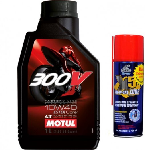 Nhớt Motul 300V 10W40 1L tặng kèm chai xịt bôi trơn chống sét X5 200ml