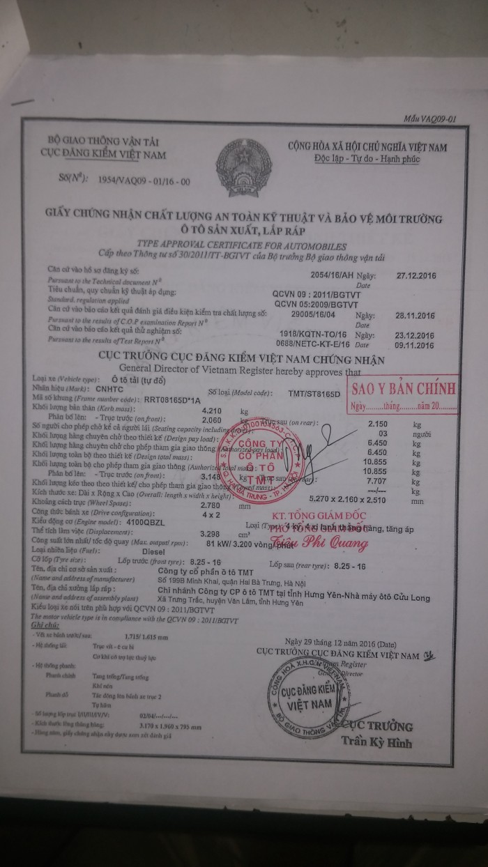 Xe Ô Tô Tải Ben Cửu Long Tmt 6.5 Tấn Hải Phòng, Nâng Tải, Máy Sinotruck