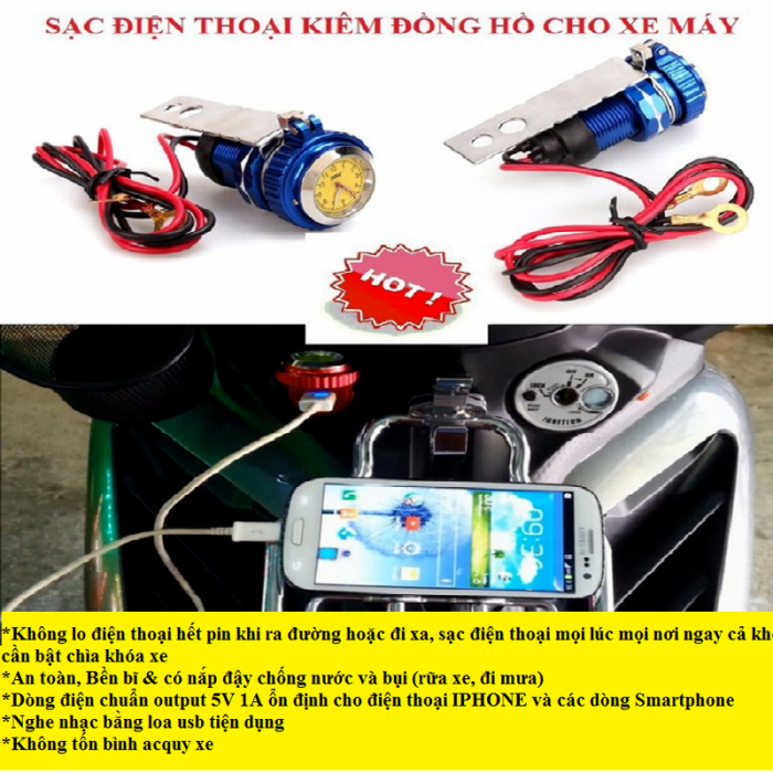 Sạc Điện Thoại Xe Máy Kiêm Đồng Hồ 2 in 1