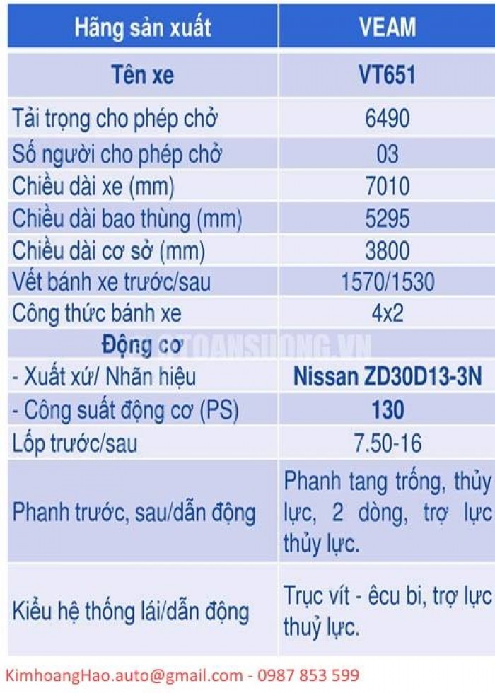 Xe tải Veam VT651, động cơ NISSAN ZD30 Nhật Bản