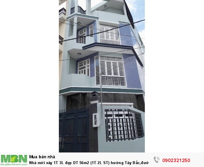 Nhà mới xây 1T 3L đẹp DT 56m2 (1T 2L ST) hướng Tây Bắc,đường nhựa 16m có vỉa hè