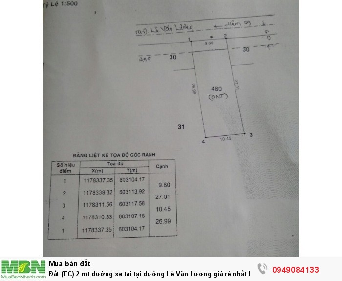 Đất (TC) 2 mt đường xe tải tại đường Lê Văn Lương giá rẻ nhất khu vực