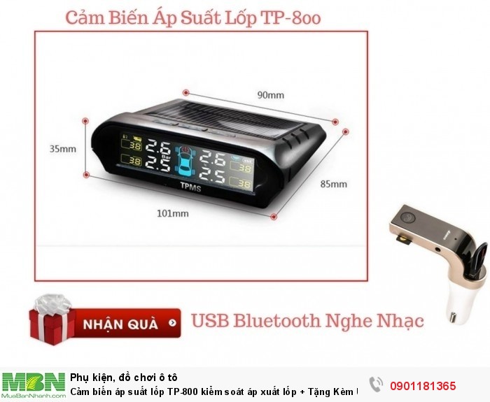 Cảm biến áp suất lốp TP-800 kiểm soát áp xuất lốp + Tặng Kèm USB Bluetooth - MSN181310