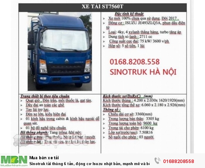 Sinotruk tải thùng 6 tấn, động cơ Isuzu nhật bản, mạnh mẽ và bền bỉ.