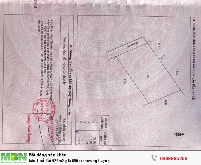 Bán 1 sổ đất 525m2 giá 850tr, thương lượng