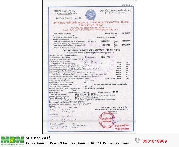 Xe tải Daewoo Prima 9 tấn - Xe Daewoo KC6A1 Prima - Xe Daewoo 9 tấn 4x2 nhập khẩu