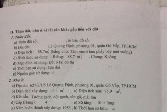 Bán nhà Gò Vấp Lê Quang Định gần vòng xoay 88m