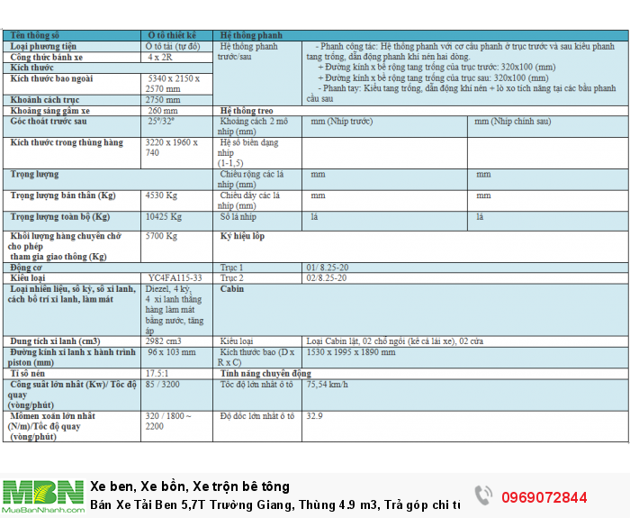 Bán Xe Tải Ben 5,7T Trường Giang, Thùng 4.9 m3, Trả góp chi từ 119tr, Giao xe ngay