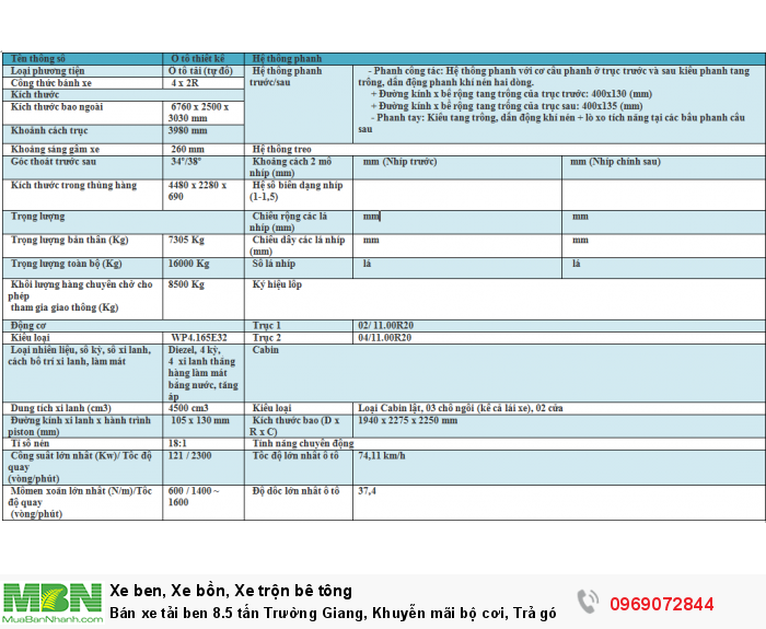 Bán xe tải ben 8.5 tấn Trường Giang, Khuyễn mãi bộ cơi, Trả góp 177tr, Giao xe ngay