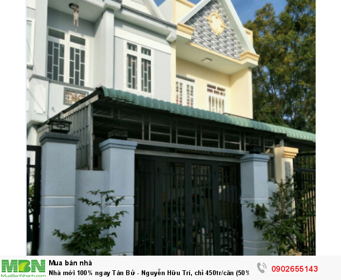 Nhà mới 100% ngay Tân Bử - Nguyễn Hữu Trí, chỉ 450tr/căn (50%), SHR, dt 5x20m