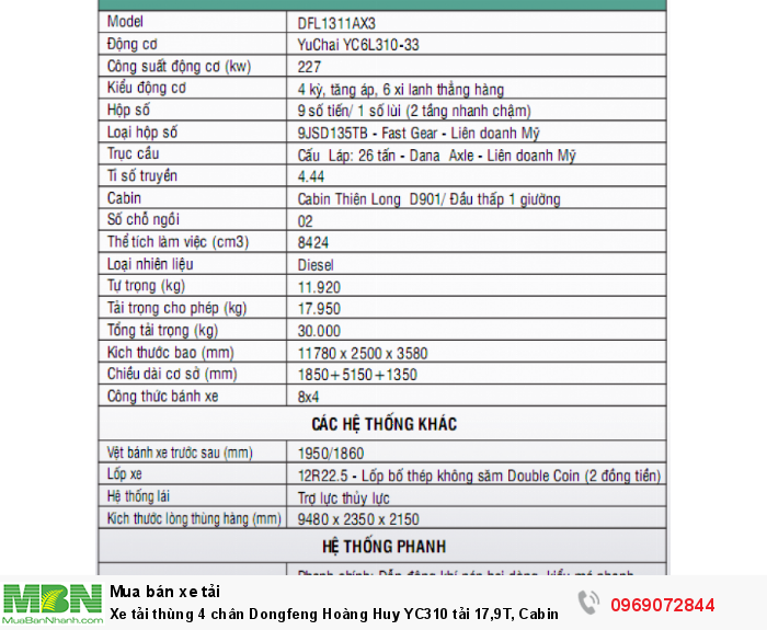 Xe tải thùng 4 chân Dongfeng Hoàng Huy YC310 tải 17,9T, Cabin bóng hơi, Hỗ trợ mua trả góp