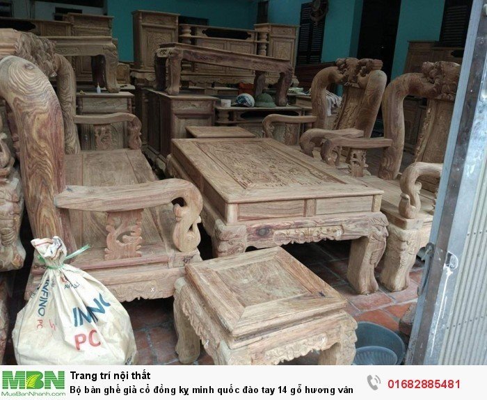 Bộ bàn ghế giả cổ đồng kỵ minh quốc đào tay 14 gỗ hương vân0