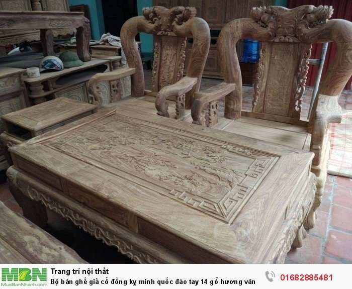 Bộ bàn ghế giả cổ đồng kỵ minh quốc đào tay 14 gỗ hương vân2