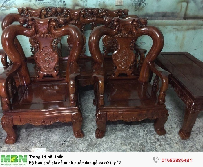 Bộ bàn ghế giả cổ minh quốc đào gỗ xà cừ tay 125