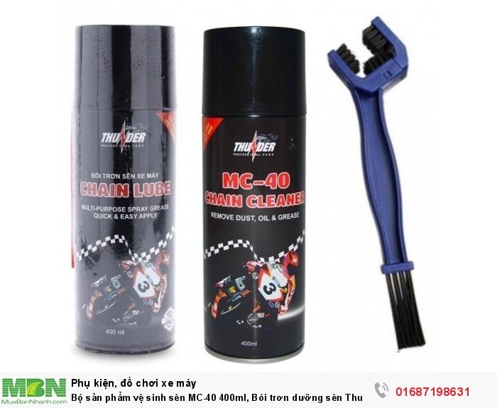 Bộ sản phẩm vệ sinh sên MC-40 400ml, Bôi trơn dưỡng sên Thunder Chain Lube 400ml và bàn chải sên chuyên nghiệp