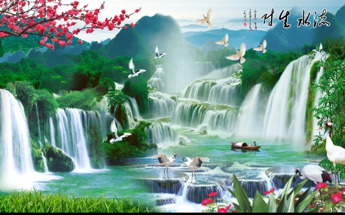 Gạch tranh phong cảnh thác nước cành đào Mới 100%, giá: đ, gọi:  0974 389 731, Bắc Ninh - Bắc Ninh, id-fed21100
