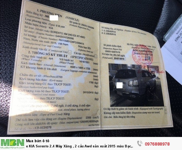 KIA Sorento 2.4 Máy Xăng , 2 cầu Awd sản xuất 2015 màu Bạc, Biển Hà Nội