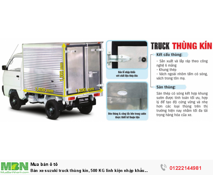 Bán xe suzuki truck thùng kín inox mạ nhôm, 550 Kg đời 2018 mới.