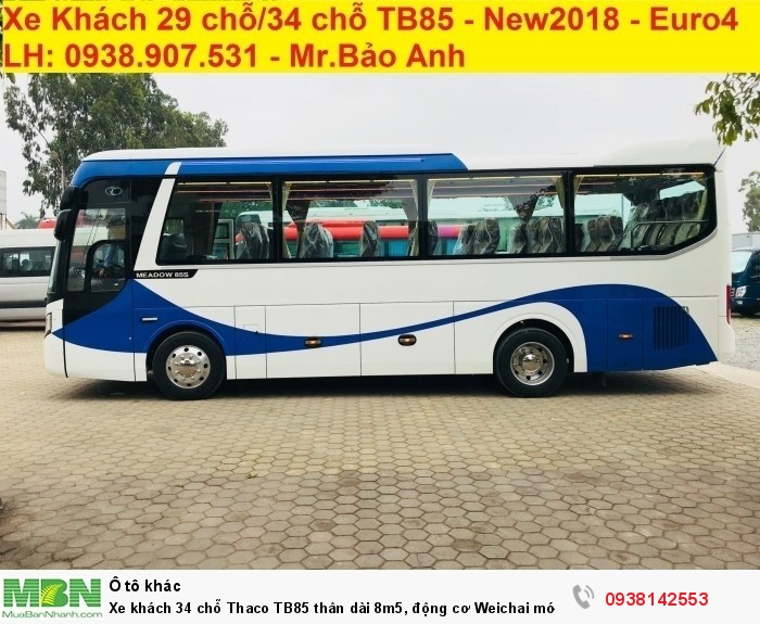 Xe khách 34 chỗ Thaco TB85 thân dài 8m5, động cơ Weichai mới 2018