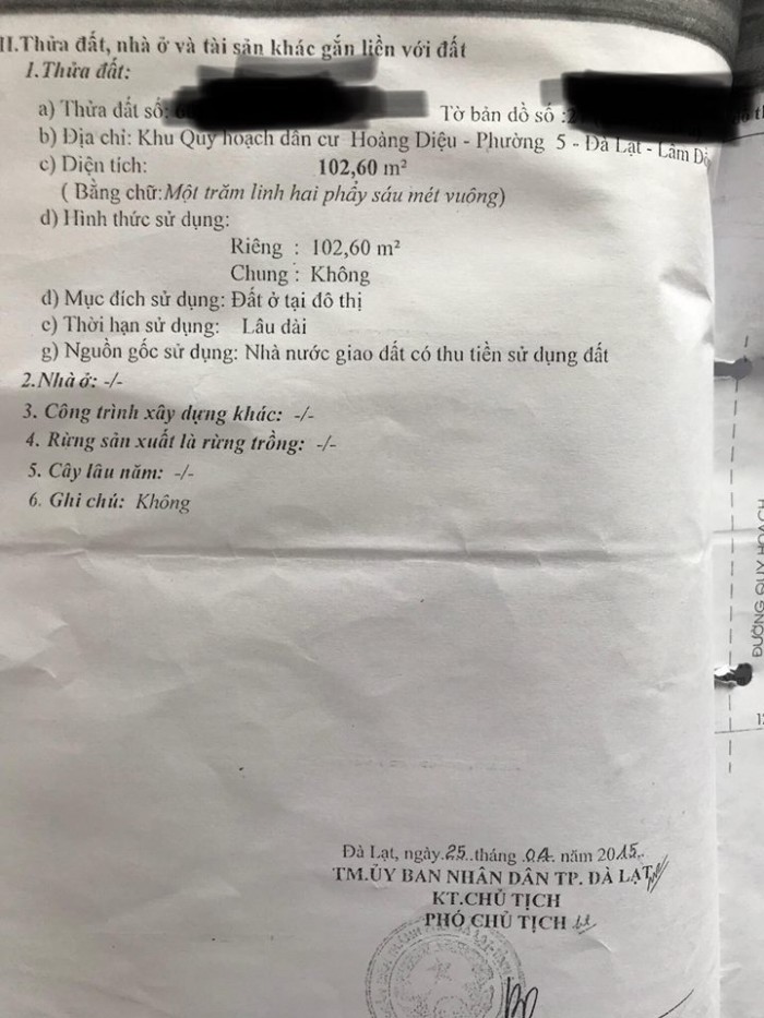 Bán đất xây dựng khách sạn , vị trí đắc địa khu dân cư Hoàng Diệu, Đà Lạt